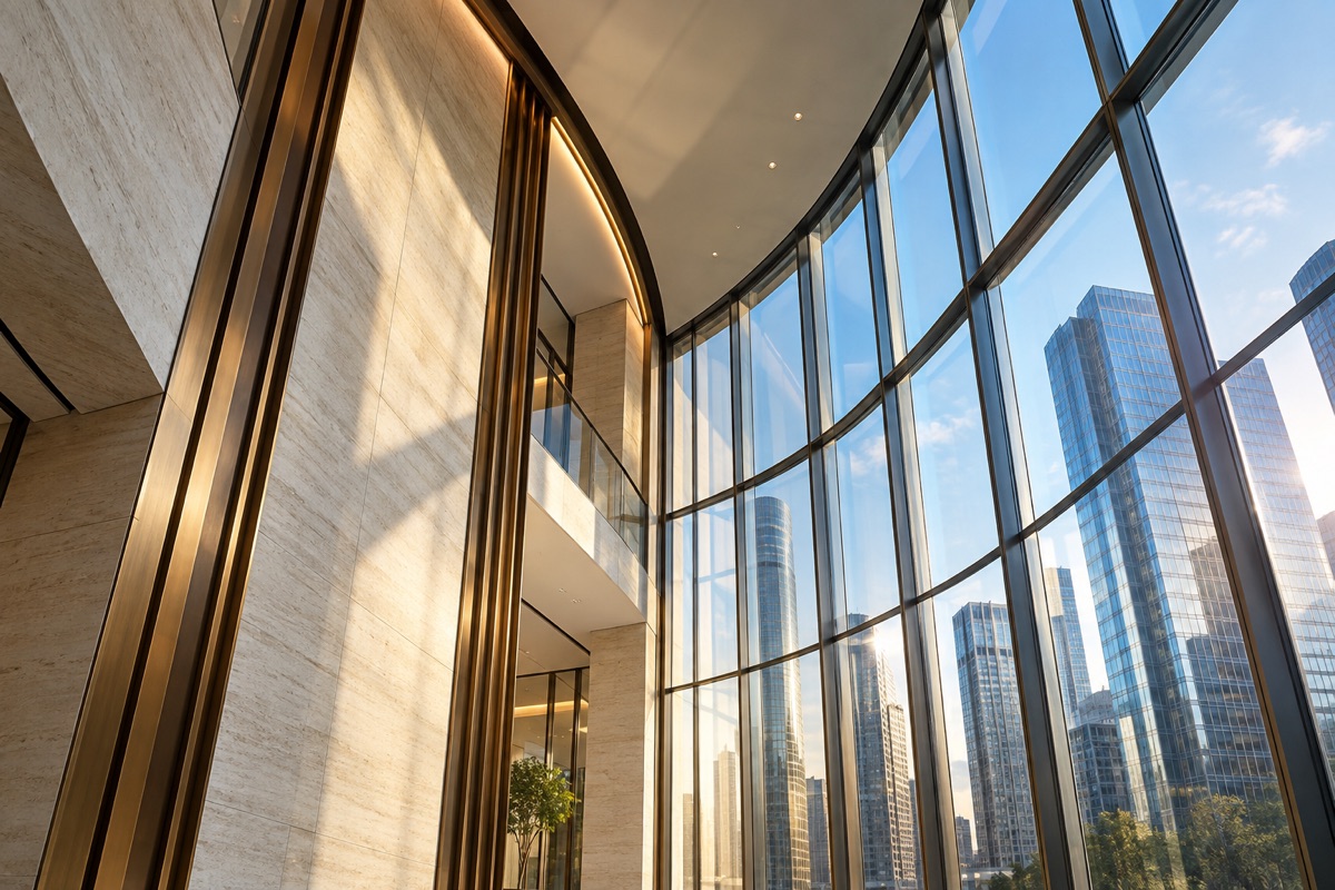 Sunlit glass atrium overlooking contemporary office towers