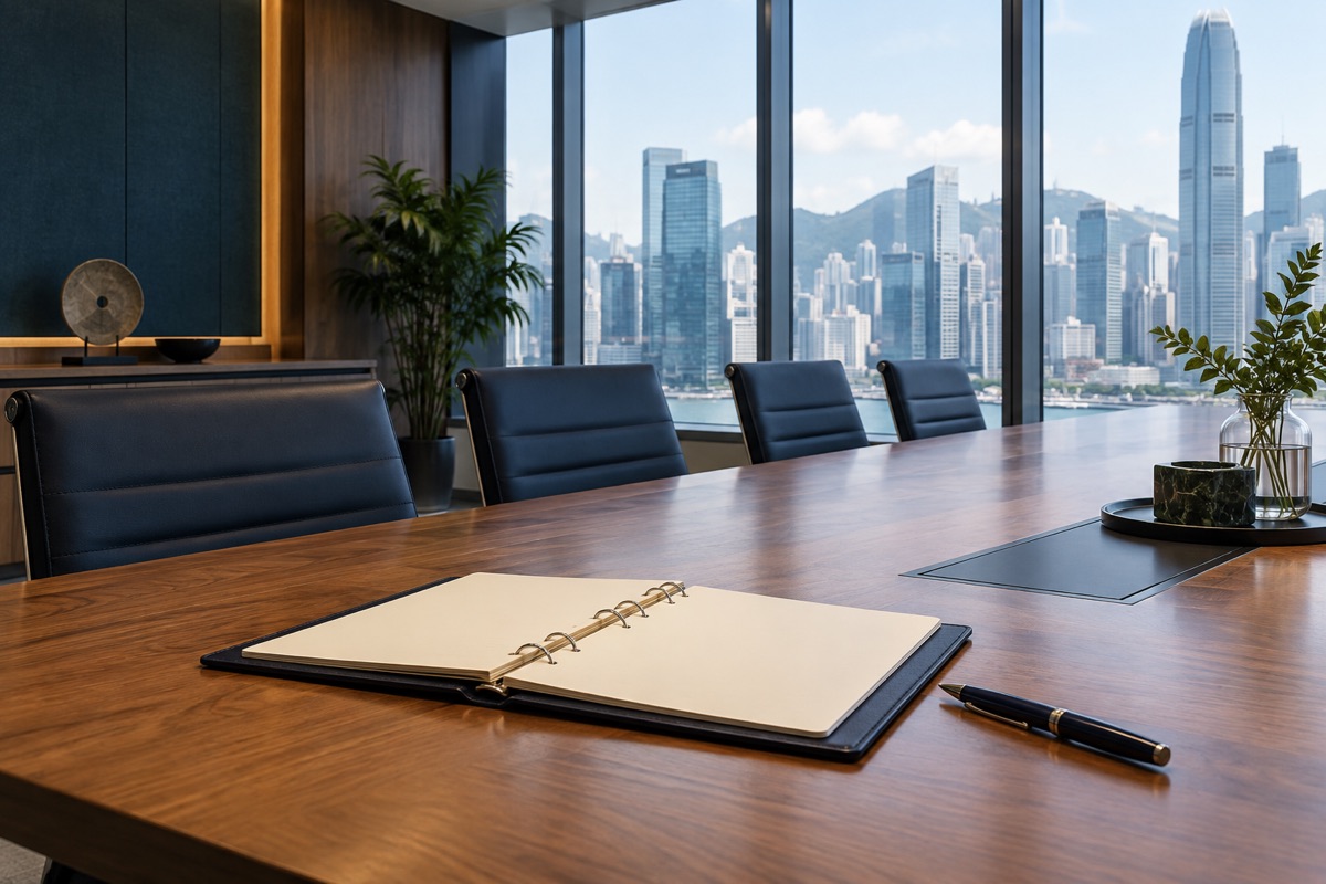 Report binder on a boardroom table overlooking a financial district