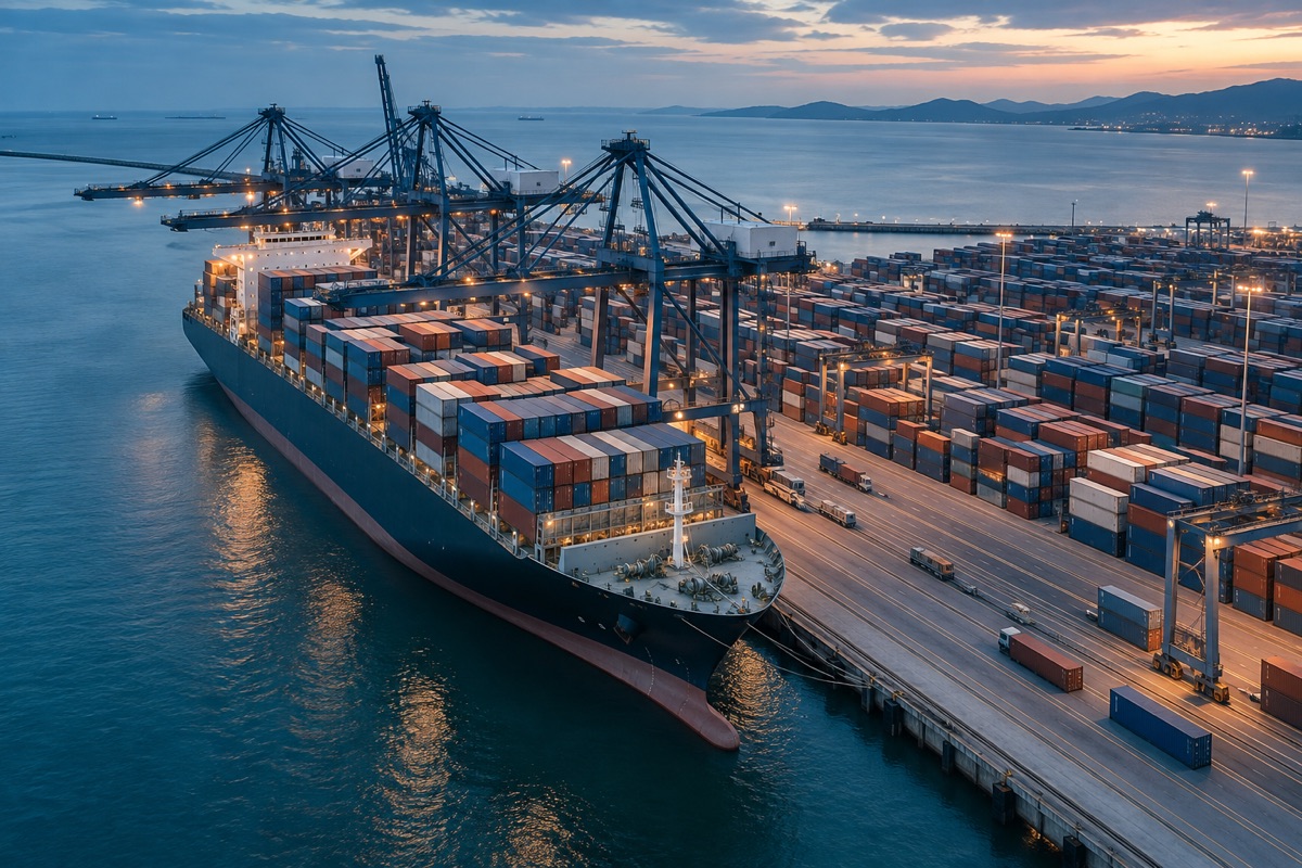 Container ship and cargo terminal representing international trade
